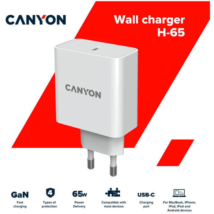 CANYON H-65, GAN 65W charger  Input:  100V-240V Output: 5.0V3.0A /9.0V3.0A /12.0V-3.0A/ 15.0V-3.0A /20.0V3.25A , Eu plug, Over- Voltage ,  over-heated, over-current and short circuit protection Compliant with CE RoHs,ERP. Size: 53*53*29mm, 110g, White