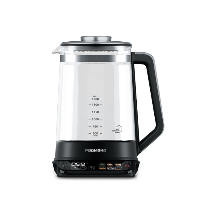 Чайник электрический, Redmond, KG220, Стеклянный, Объем 1.7л, 5 температурных режимов, Температура нагрева 35-90°C, Автоотключение, Автоматическое поддержание температуры, Мощность 2200 Вт, Длина шнура 0.7м, Черный / хром