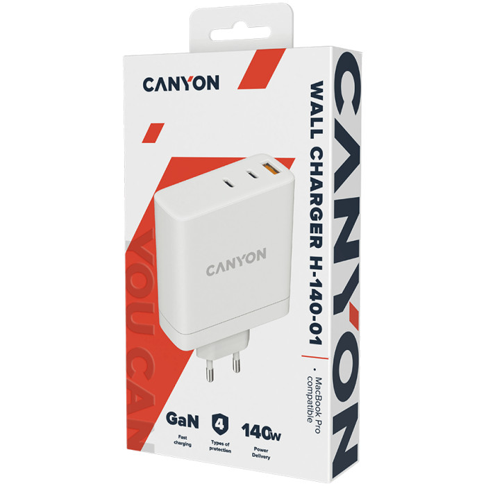 CANYON H-140-01, Wall charger with 1USB-A, 2 USB-C. Input:100-240V~50/60Hz, 2.0A Max. USB-A Output: 5V /9V /12V/20V /28V Max Output Current:5.0A max