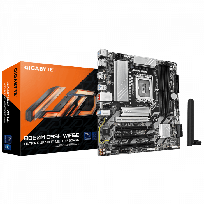 Сист.плата Gigabyte B860M DS3H WIFI6E 1.0, B860, LGA1851, 4xDDR5, 4xPCI-E x16, M2, SATA, 2xDP, HDMI, Wi-Fi 6E, BOX