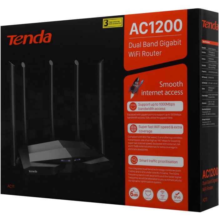 Wireless router, Tenda AC11, WiFi 5 (1200M), (3+1) x 10/100/1000M