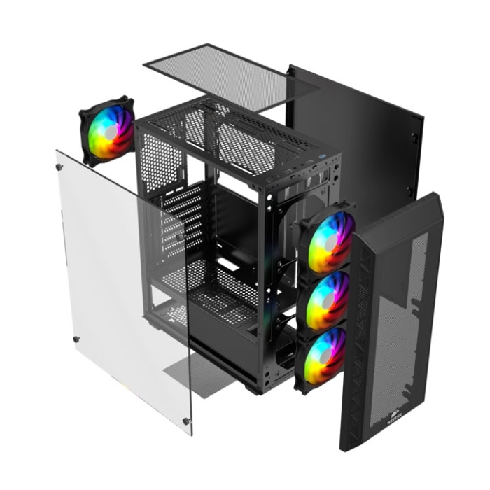 Корпус Wintek Mars PS195-6-M-B TG, ATX/Micro ATX, USB 1*3.0/2*2.0, 0,45mm, 4*12cm ARGB fan (контроллер + пульт д/у в комплекте), чёрный