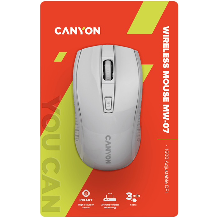 CANYON MW-7, 2.4Ghz wireless mouse, 6 buttons, DPI 800/1200/1600, with 1 AA battery ,size 110*60*37mm,58g,white