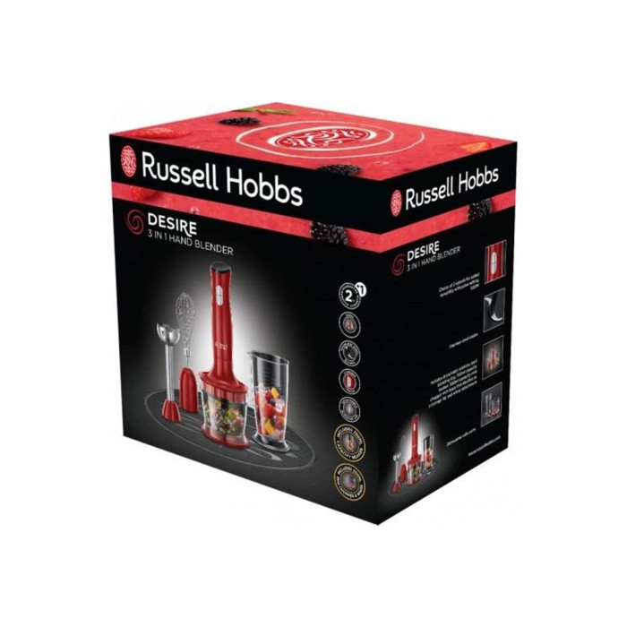 Погружной блендер, Russell Hobbs, 24700-56, Погружной, Мощность 500W, 2 скорости, Пластик, 12000 об/мин, Венчик для взбивания, Мини-измельчитель, Красный