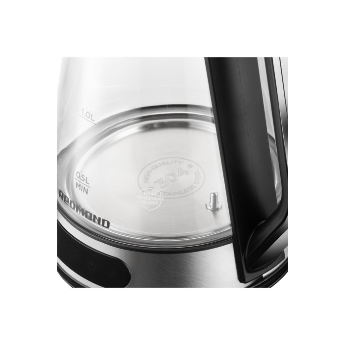 Чайник электрический, Redmond, KG222, Стекло/Нержавеющая сталь, Объем 1.5л, 5 температурных режимов, Температура нагрева 45-85°C, Автоотключение, Мощность 2200 Вт, Длина шнура 0.75м, Стальной