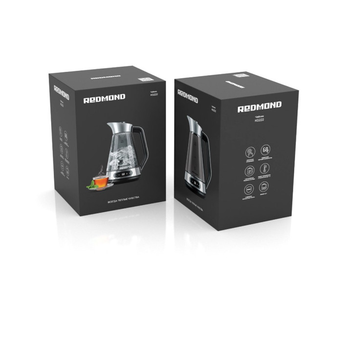 Чайник электрический, Redmond, KG222, Стекло/Нержавеющая сталь, Объем 1.5л, 5 температурных режимов, Температура нагрева 45-85°C, Автоотключение, Мощность 2200 Вт, Длина шнура 0.75м, Стальной