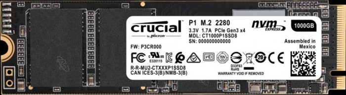 Твердотельный накопитель 1000Gb SSD Crucial P1 3D NAND M2 PCIe NVMe R2000Mb/s W1700MB/s CT1000P1SSD8