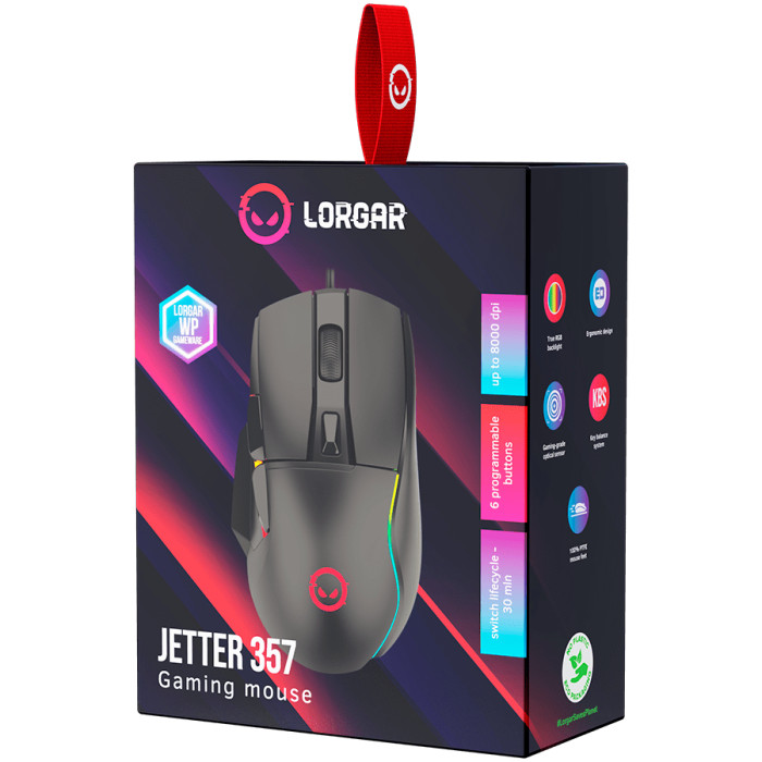 LORGAR Jetter 357, gaming mouse, Optical Gaming Mouse with 6 programmable buttons, Pixart ATG4090 sensor, DPI can be up to 8000, 30 million times key life, 1.8m PVC USB cable, Matt UV coating and RGB lights with 4 LED flowing mode, size:124.90*71.65*41.36