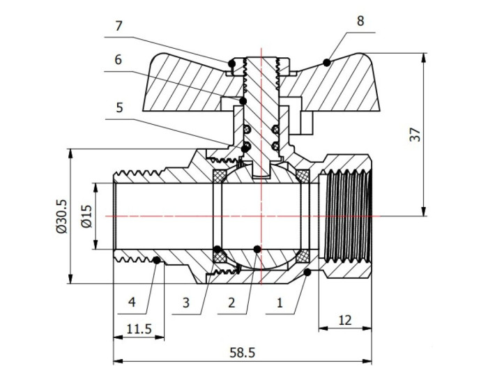 Кран шаровый 1/2" нар.-вн. бабочка PN40, AV Engineering