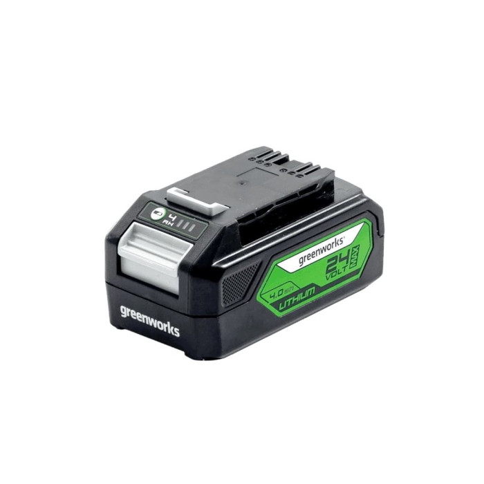 Аккумулятор, Greenworks, G24B4II(2938407RU), 24 V, 4 Ач, Напряжение 100% заряда 24 V, Ёмкость аккумуляторного блока 4 Ач, Номинальная мощность 1000 Вт, Энергоёмкость 86,4 Вт*ч, Масса без упаковки 0,77 кг, Время заряда , - от ЗУ ток 2 А 120 мин, - от ЗУ то