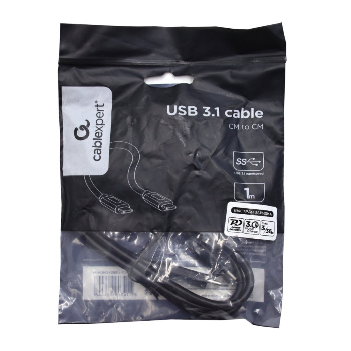 Cable USB Type C - Type C, 1м, CablexpertCCP-USB3.1-CMCM-1M, USB 3.1, PD/QC3.0, 3A/36W, black