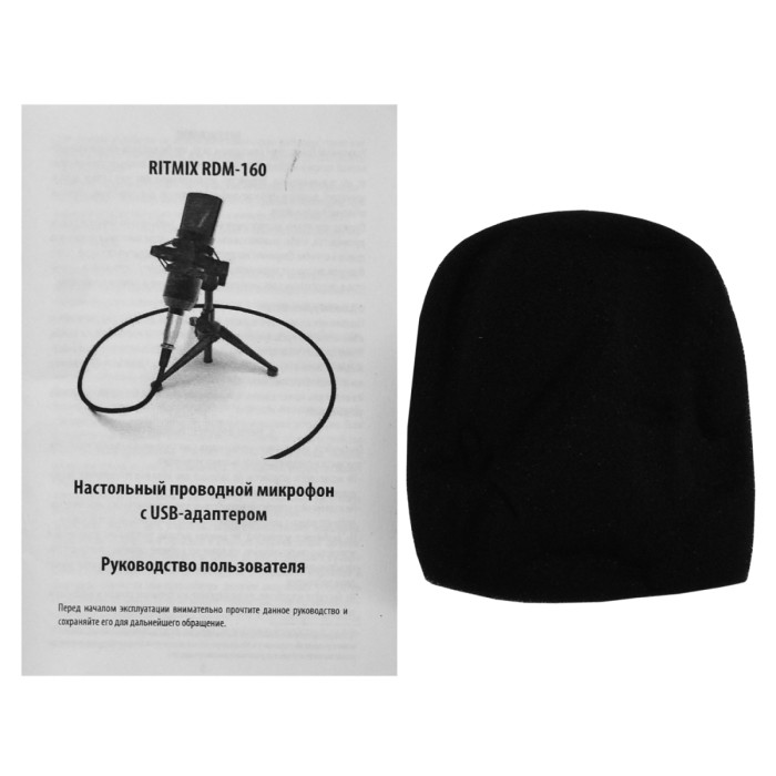 Microphone Ritmix RDM-160, 1000 Ohm, 20-20000Hz, 132dB, XLR -> 3.5mm/USB, 2.5m cable, black