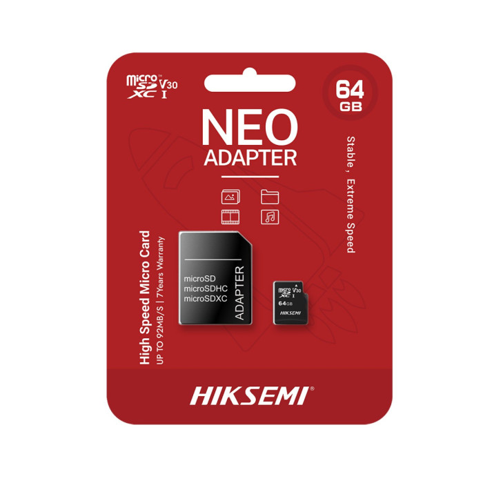 MemoryCard microSDXC  64GB, Hiksemi NEO HS-TF-C1/64G (Hikvision), Class 10 and UHS-I, adapter