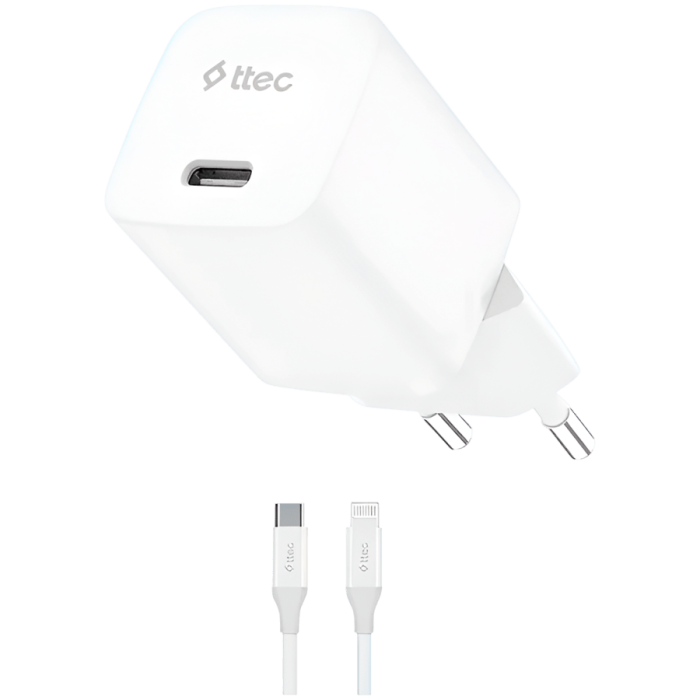 ttec SmartCharger GAN 30W PD Travel Fast Charger + USB-C - Lightning Cable 150cm, White