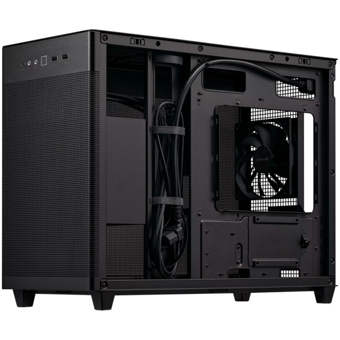 ASUS Prime AP201 MicroATX Case Black - stylish 33-liter MicroATX case with tool-free side panels and a quasi-filter mesh, with support for 360 mm coolers, graphics cards up to 338 mm long, and standard ATX PSUs