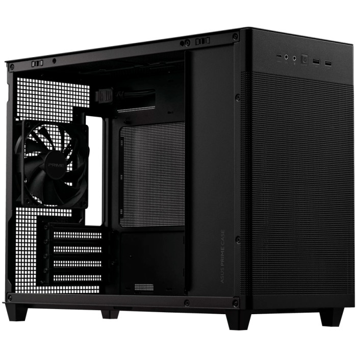 ASUS Prime AP201 MicroATX Case Black - stylish 33-liter MicroATX case with tool-free side panels and a quasi-filter mesh, with support for 360 mm coolers, graphics cards up to 338 mm long, and standard ATX PSUs