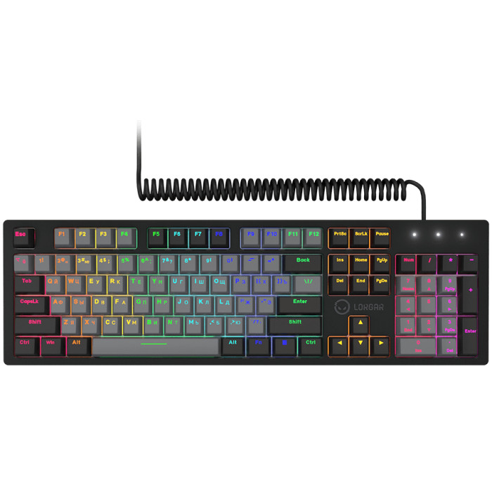 LORGAR Azar 514, Wired mechanical gaming keyboard, RGB backlight, 1680000 colour variations, 18 modes, keys number: 104, 50M clicks, linear dream switches, spring cable up to 3.4m, ABS plastic+metal, magnetic cover, 450*136*39mm, 1.17kg, black, EN+RU layo
