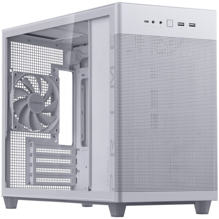 ASUS Prime AP201 Tempered Glass MicroATX Case White - stylish 33-liter MicroATX case with tool-free side panels, with support for 360 mm coolers, graphics cards up to 338 mm long, and standard ATX PSUs