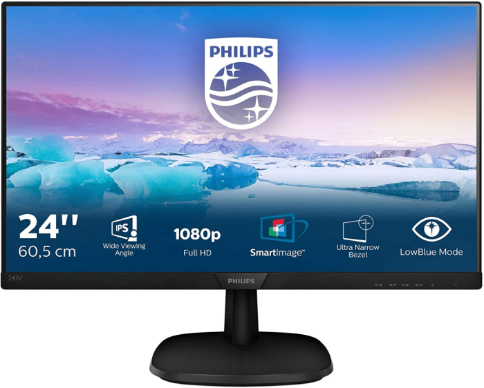 Монитор 23,8"  PHILIPS 243V7QJABF (00/01) IPS 75Hz 4мс 250кдм 1000:1 1xD-Sub 1xHDMI 1xDP 2x2W