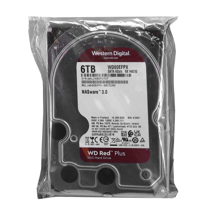 HDD SATA  6000 GB Western Digital Red Plus, WD60EFPX, 5400rpm, 64MB cache, SATA 6 Gb/s