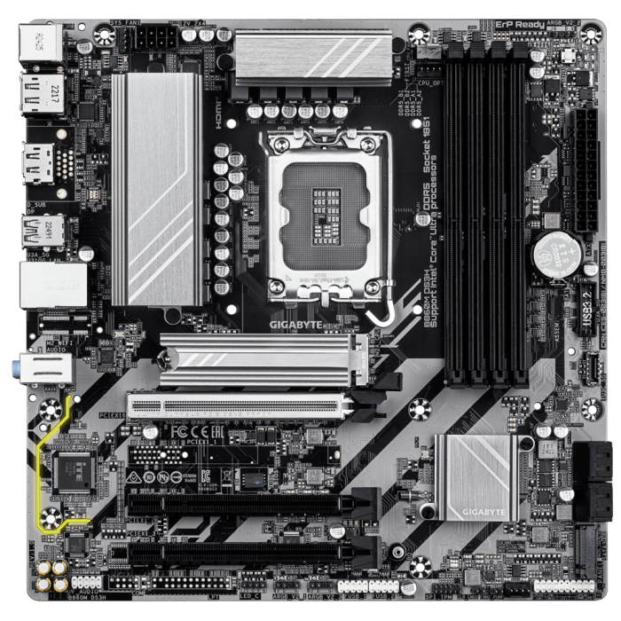 Материнская плата GIGABYTE B860M DS3H, LGA1851, 4xDDR5, PCIe5.0, HDMI+DP, 2xM.2, mATX