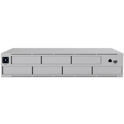 Ubiquiti UNAS-Pro-EU 2U rack-mount NAS with (7) 2.5/3.5" drive bays and 10 Gbps performance designed for large-scale file storage and sharing, (7) 2.5/3.5" HDD / SSD support, 10G SFP+ uplink and (1) GbE RJ45 port
