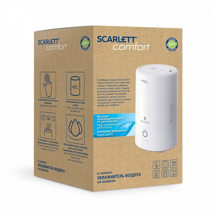 Ультразвуковой увлажнитель воздуха, Scarlett, SC-AH986E24, Объем 4 л, Управление: Сенсорное, Площадь помещения, 25 м², Расход воды максимальный 300 мл/ч, Автоматическое отключение, Белый