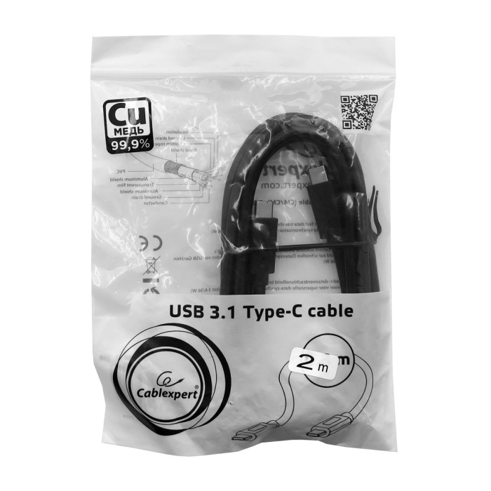 Cable USB Type C - Type C, 2м, Cablexpert CCP-USB3.1-CMCM-2M, USB 3.1, PD/QC3.0, 3A/36W, black