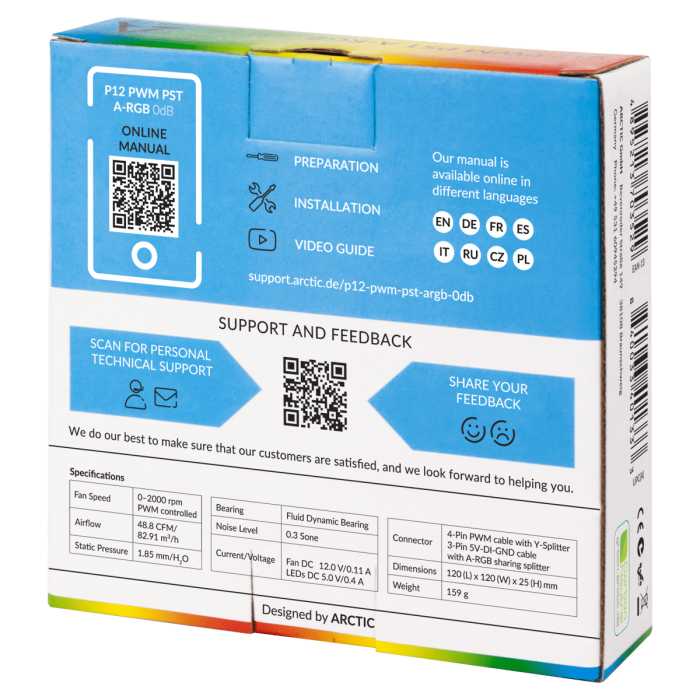 Кулер для корпуса ARCTIC P12 PWM PST A-RGB (White), ACFAN00254A, 12cm, 200-2000rpm, 4Pin, Fluid Dyn.