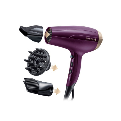 Фен, Remington, D5219, Полноразмерный, Мощность 2300W, Тип двигателя DC мотор, 2 скоростных режима, 3 температурных режима, Скорость подачи воздуха 85 км/ч, Длина шнура электропитания 180см, 3 насадки, Фиолетовый
