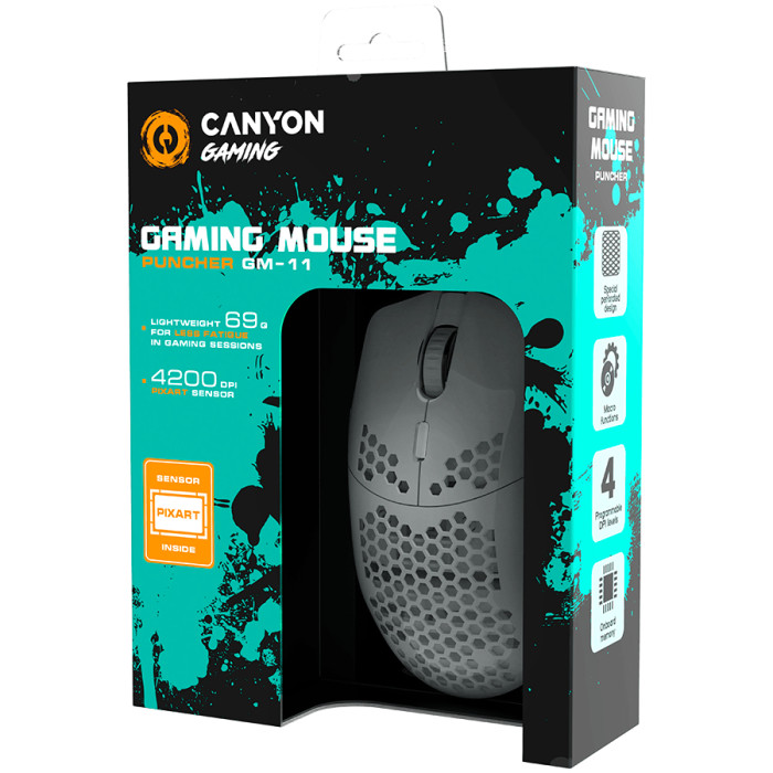 CANYON Puncher GM-11, Gaming Mouse with 7 programmable buttons, Pixart 3519 optical sensor, 4 levels of DPI and up to 4200, 5 million times key life, 1.65m Ultraweave cable, UPE feet and colorful RGB lights, White, size:128.5x67x37.5mm, 105g