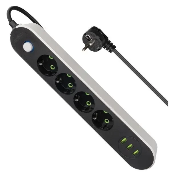 Удлинитель Defender без заземления R210 3 м, 4 розетки, 3xUSB, черный