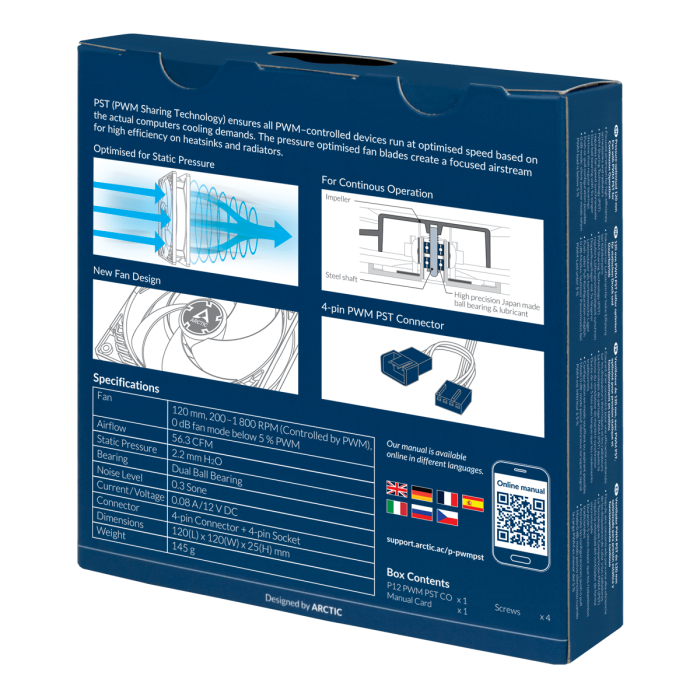 Кулер для корпуса ARCTIC P12 PWM PST CO (Black), ACFAN00121A, 12cm, 200-1800rpm, 4Pin, Ball Bearing