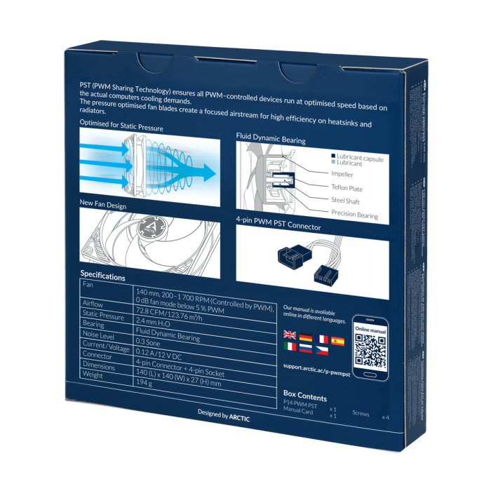 Кулер для корпуса ARCTIC P14 PWM PST (Black), ACFAN00125A, 14cm, 200-1700rpm, 4Pin, Fluid Dynamic