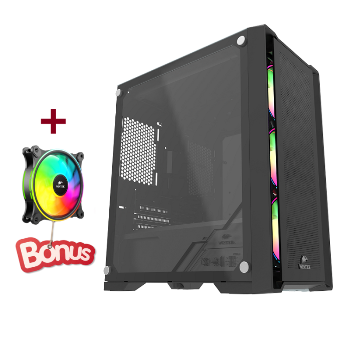 Корпус Wintek Andromeda D531-B TG, Micro ATX, USB 2*3.0/1*2.0, HD+Mic, 0,5mm, 3*12cm ARGB (контроллер + пульт д/у в комплекте), чёрный