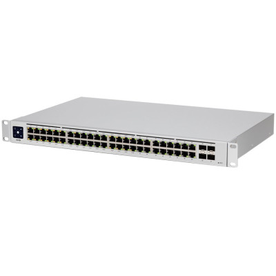 Ubiquiti USW-48-PoE, Layer 2 PoE switch, 32 x GbE PoE+, 16 x GbE ports, 4 x 1G SFP ports, 195W total PoE Power, Fanless, silent cooling, ESD/EMP protection, 1.3&quot; touchscreen LCM display, Rackmount (Kit included)