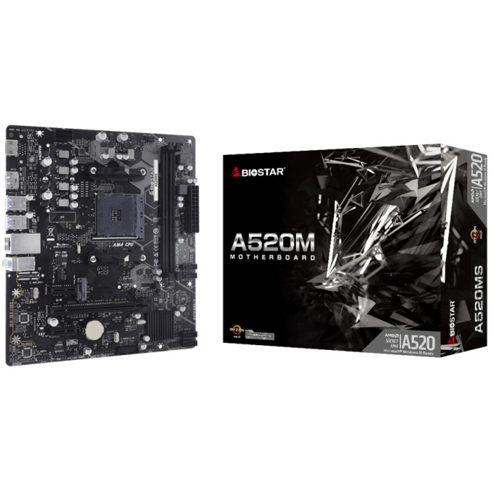 BIOSTAR MB AM4 A520 2-DIMM DDR4 4 x SATA III 1 x M.2 1 x DP Port 1 x HDMI Port 1 x LAN port 	Micro ATX