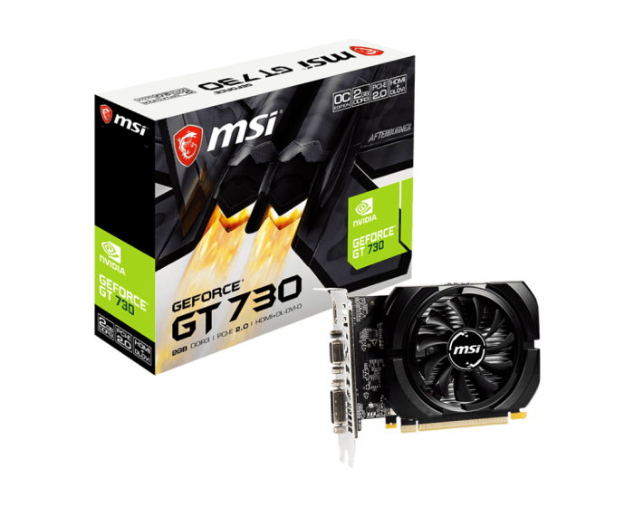 Видеокарта MSI GeForce GT 730, 2GB DDR3 64-bit 1xVGA 1xDVI 1xHDMI N730K-2GD3/OCV5