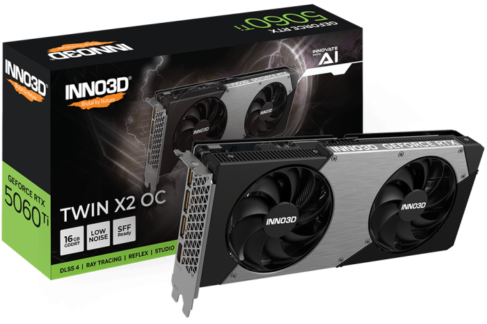 Видеокарта Inno3D GeForce RTX5060 Ti TWIN X2 OC, 16G GDDR7 128-bit HDMI 3xDP N506T2-16D7X-191073N