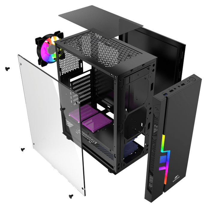 Корпус Wintek Light JX188-7-B TG, ATX/Micro ATX, USB 1*3.0/2*2.0, HD-Audio+Mic, 0,5 mm, 1*12cm fRGB, чёрный