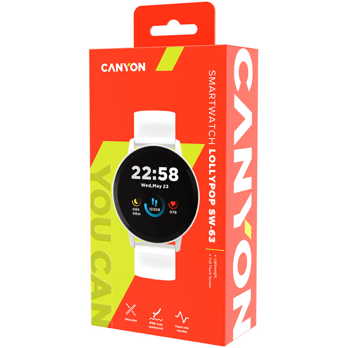 CANYON Lollypop SW-63, Smart watch, 1.3inches IPS full touch screen, Round watch, IP68 waterproof, multi-sport mode, BT5.0, compatibility with iOS and android, Silver white, Host: 25.2*42.5*10.7mm, Strap: 20*250mm, 45g