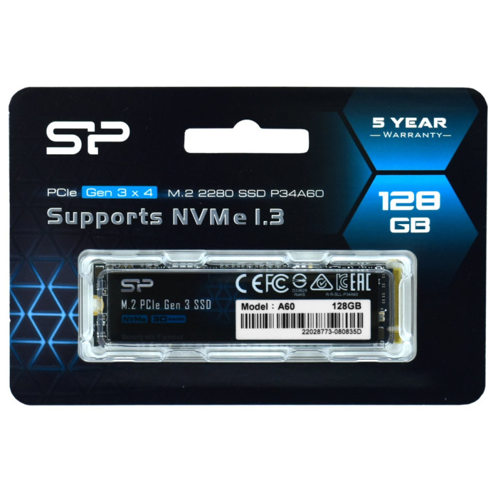 SSD M.2 PCIe  128 GB Silicon Power A60, SP128GBP34A60M28, PCIe 3.0 x4, NVMe 1.3