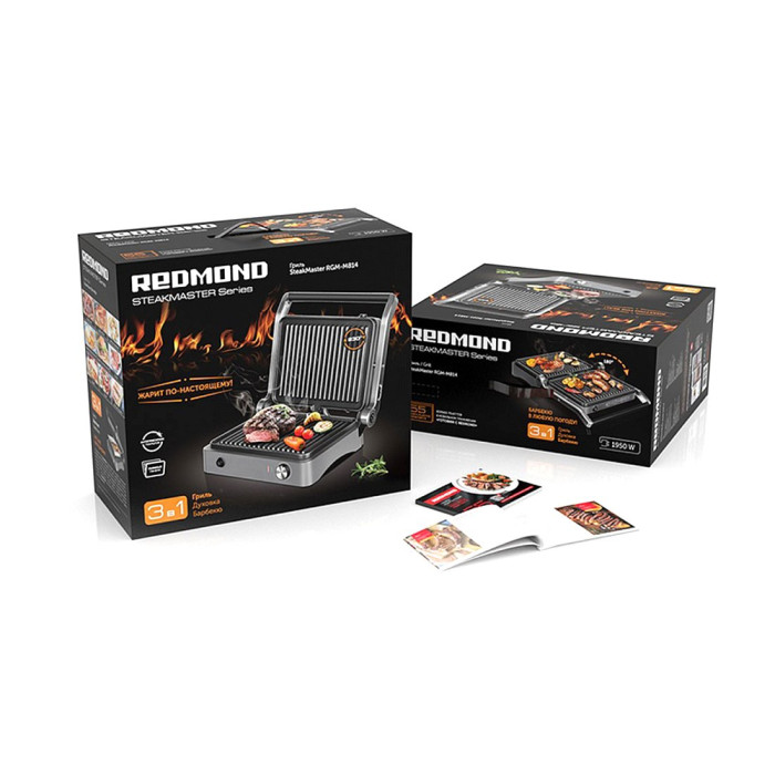 Гриль, Redmond, SteakMaster RGM-M814, 1950 Вт, Материал корпуса металл/пластик, Тип покрытия панелей антипригарное, Диапазон температур нагрева до 230°С, Угол открытия крышки 180°, Съемные панели, Серебро