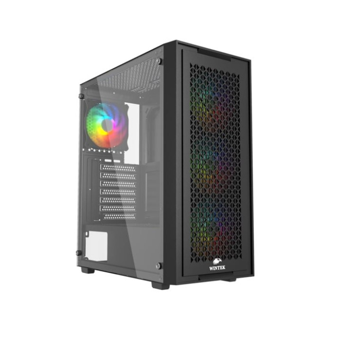 Корпус Wintek Moon PS195-5-B TG, ATX/Micro ATX, USB 1*3.0/2*2.0, 0,45mm, 4*12cm fRGB fan, чёрный