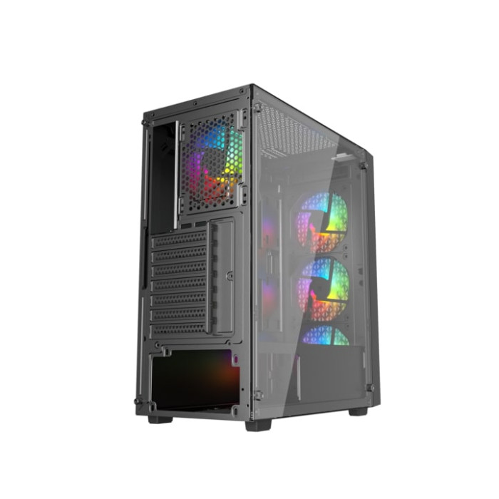 Корпус Wintek Moon PS195-5-B TG, ATX/Micro ATX, USB 1*3.0/2*2.0, 0,45mm, 4*12cm fRGB fan, чёрный