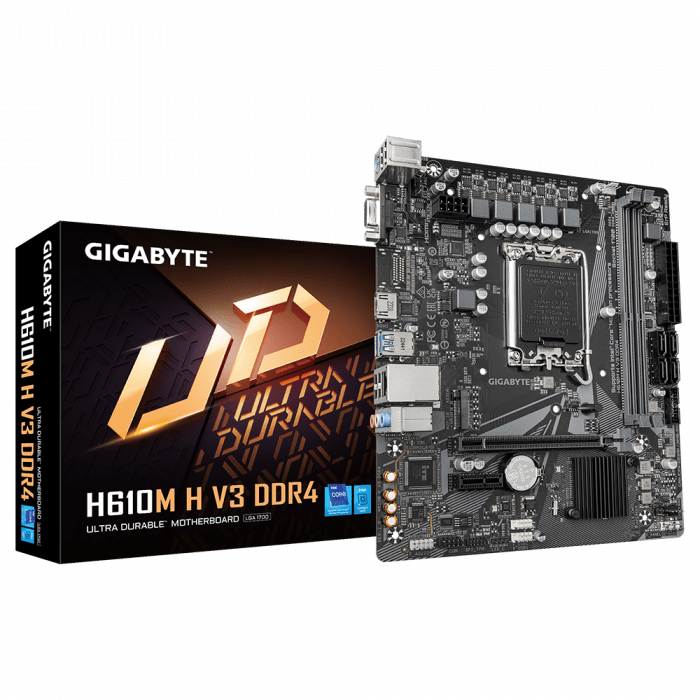 Сист.плата Gigabyte H610M H V3 DDR4 1.0, H610, 1700, 2xDDR4, PCI-Ex16, PCI-Ex1, M.2, 4xSATA, D-Sub, HDMI, BOX