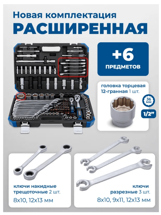 Набор инструментов 125+6пр.1/4" 1/2"(6-гран.)(4-36мм,36-12гр.)+(ключи трещоточные:8х10,12х13мм; ключ 64484 Sch-41252-5 (Premium)