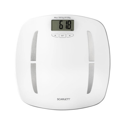 Весы, Scarlett, SC-BS33ED80, Максимальный вес 180 кг, Измерение уровня воды, Жира, Мышечной массы, Костной массы, Функция расчета ежедневной нормы калорий, Питание от батареек, Белый