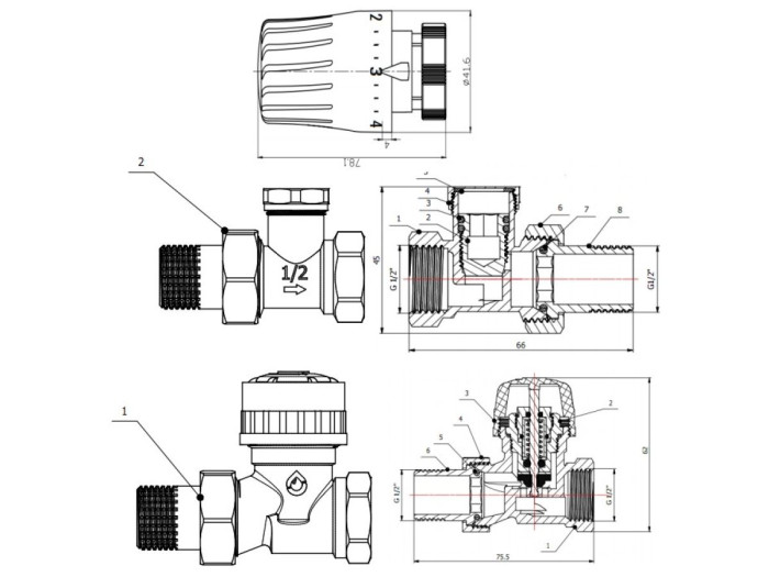 Комплект кранов прямой 1/2" для радиатора с термоголовкой, AV Engineering (инд. упак.)
