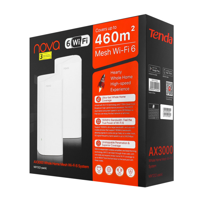 Wireless Mesh System, Tenda Nova MX12 (2-PACK), WiFi 6 (AX3000M), 3 x 10/100/1000M per node